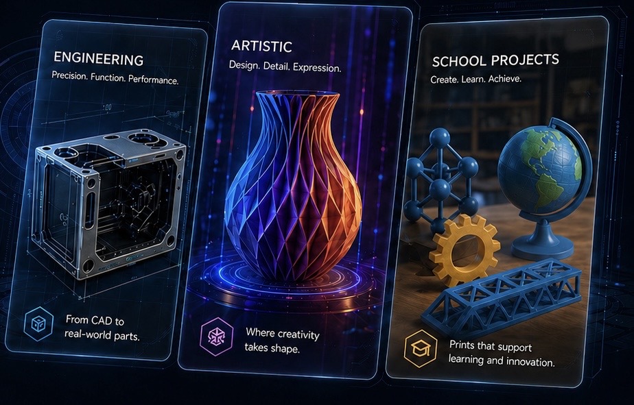 Engineering, artistic and school project 3D design examples